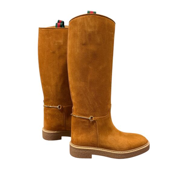 Gucci Edith Tall Knee-High Suede Riding Boots Cognac Horsebit Web EU 39 - Picture 5 of 14